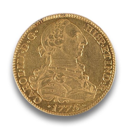 MONEDA PELUCONA DE 8 ESCUDOS DE CARLOS III EN ORO AMARILLO