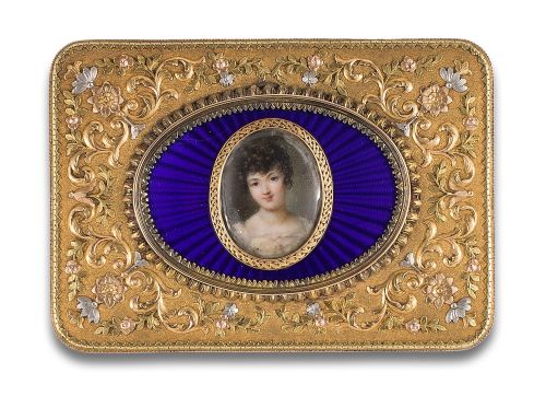 CAJA DE RAPÉ EN ORO CA. 1800 CON ESMALTE Y MINIATURA