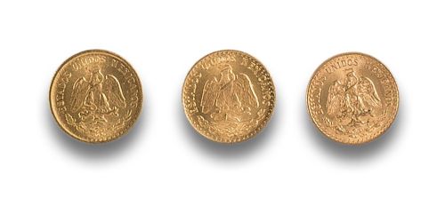 3 MONEDAS DE 2 PESOS MEXICANOS EN ORO AMARILLO