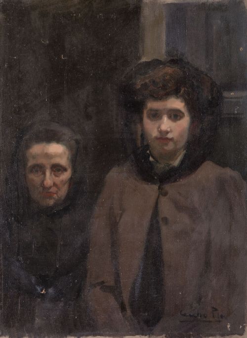 CECILIO PLA Y GALLARDO, "Abuela y nieta", Óleo sobre lienzo