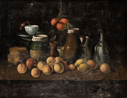 ESCUELA ESPAÑOLA , “Bodegón de cocina con frutas y utensili
