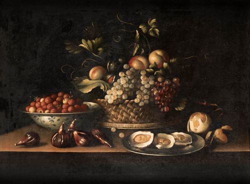ANÓNIMO, "Bodegón con ostras y frutas", Óleo sobre lienzo