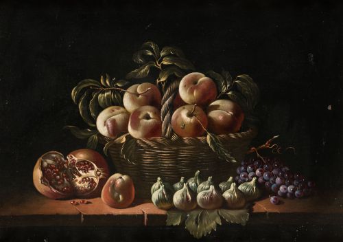 ESCUELA ESPAÑOLA , "Bodegón con granadas e higos", Óleo sob