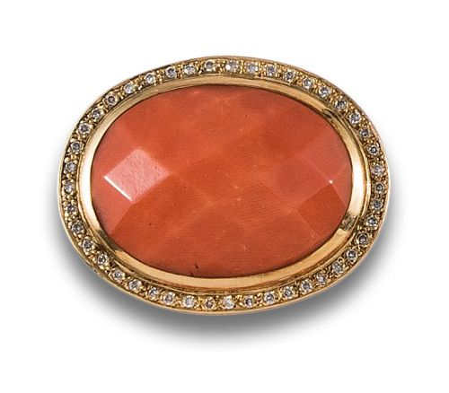 CORAL AND DIAMOND RING, IN YELLOW GOLD