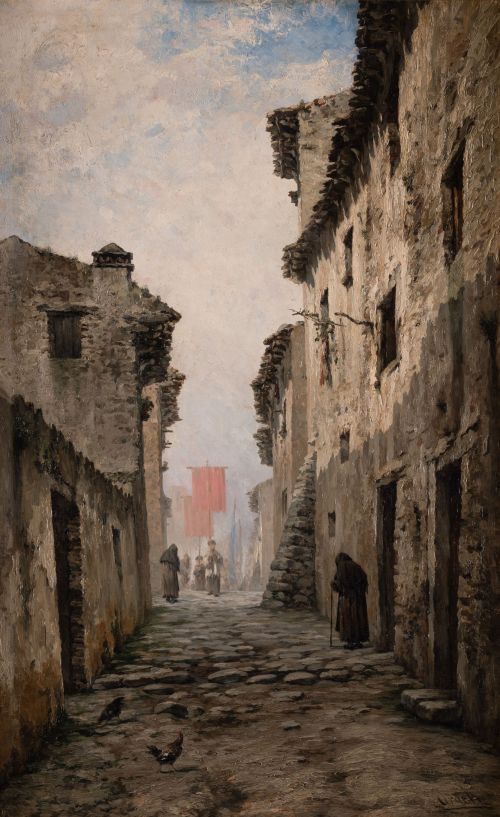 MODESTO URGELL E INGLADA, "Calle de pueblo", Óleo sobre lie