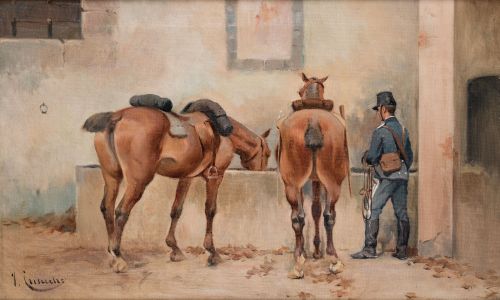 JOSÉ CUSACHS Y CUSACHS, "En la fuente", Óleo sobre lienzo