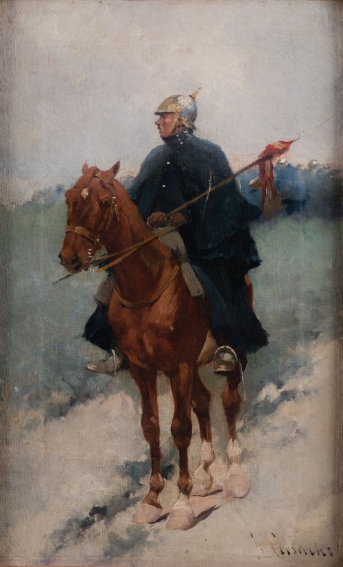 JOSÉ CUSACHS Y CUSACHS, "Militar a caballo", Óleo sobre lie