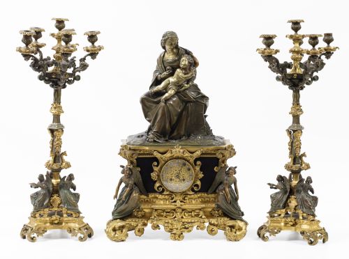 Guarnición de reloj y pareja de candelabros Napoleón III, F