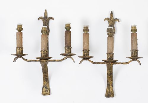 Pair of gilded iron wall lights, Spain, 1960s
