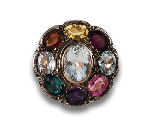 AQUAMARINE FLOWER RING, AND COLORED STONES IN YELLOW GOLD A
