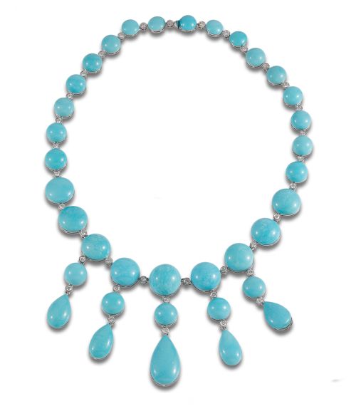 COLLAR DE TURQUESAS Y DIAMANTES, EN ORO BLANCO