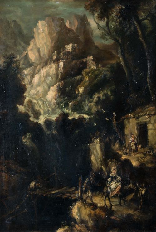 ESCUELA ESPAÑOLA , "Paisaje con cascada", Óleo sobre lienzo