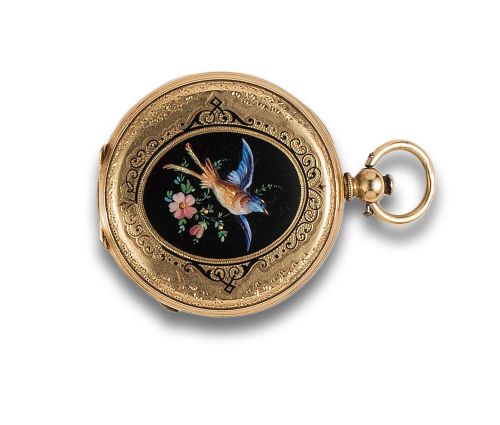 RELOJ DE BOLSILLO SABONETA DE DAMA CON ESMALTES, EN ORO AMA