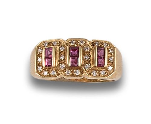 SORTIJA DE DIAMANTES Y RUBÍES, EN ORO AMARILLO