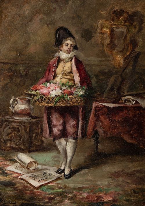 LUIS JIMENEZ ARANDA, “Paje con cesta de flores”, Óleo sobre