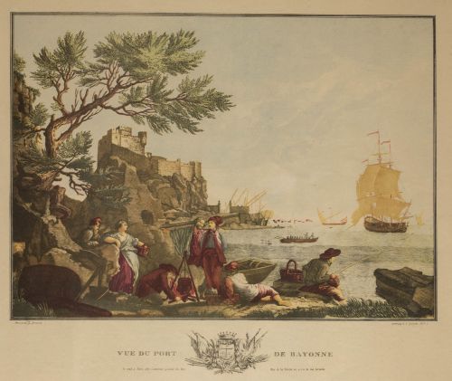 C.E. BONNET, "Vue du port de Bayonne", Grabado a color. 