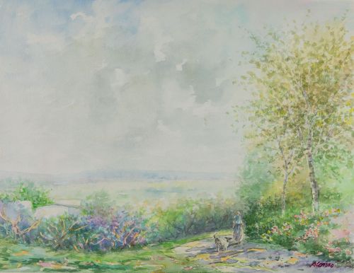  ALONSO, "Paisaje con mujer y perro", Acuarela sobre papel