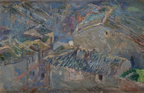 JESUS BASIANO MARTINEZ PEREZ, "Paisaje con casas", Óleo sob
