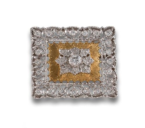 BROCHE PLACA DE ORO AMARILLO Y BLANCO CON DIAMANTES