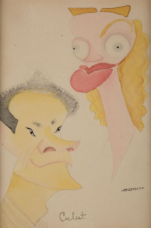 ESCUELA ESPAÑOLA, "Caricturas", Acuarela y grafito sobre p