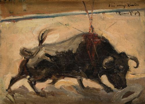 CARLOS RUANO LLOPIS, "Toro abatido", Óleo sobre lienzo