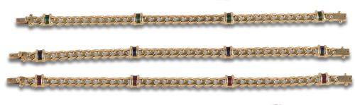 SET DE TRES PULSERAS BARBADAS, PIEDRAS DE COLOR Y ORO AMARI