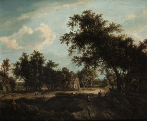 ESCUELA HOLANDESA, "Paisaje con aldeanos", Óleo sobre lien