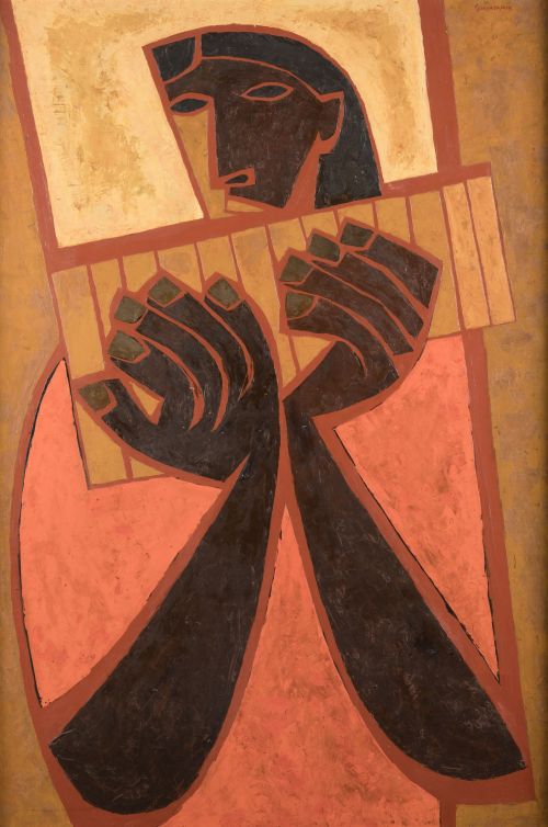 OSWALDO GUAYASAMIN, "Mujer con zampoña", Óleo sobre tablex