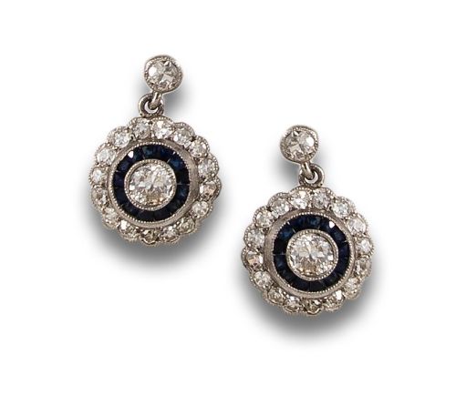 PENDIENTES COLGANTES, OJO DE PERDIZ, DE DIAMANTES Y ZAFIROS