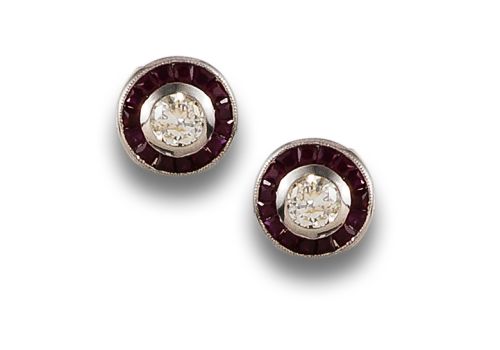 PENDIENTES OJO DE PERDIZ DE DIAMANTES Y RUBÍES, EN PLATINO