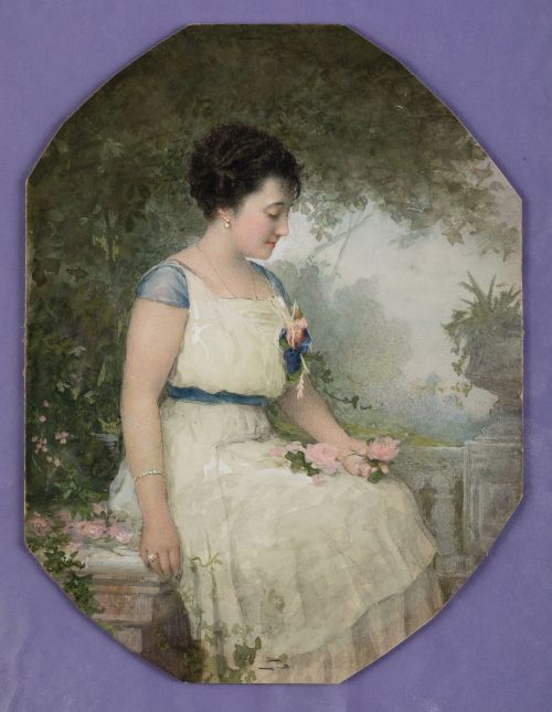 ESCUELA ESPAÑOLA , "Dama en balaustrada", Acuarela sobre ca