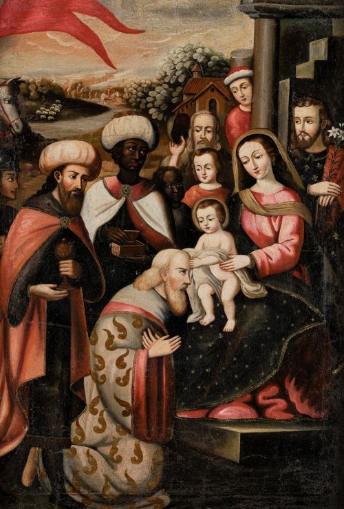ESCUELA QUITEÑA , "Adoración de los Magos", Óleo sobre lien