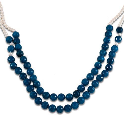 COLLAR DE DOS HILOS DE ÁGATA AZUL Y PERLAS, CIERRE EN PLATA