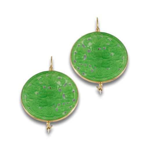 PENDIENTES LARGOS DE JADE, EN PLATA DORADA