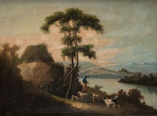 ANÓNIMO, "Paisaje con pastor, ovejas y perro", Óleo sobre l