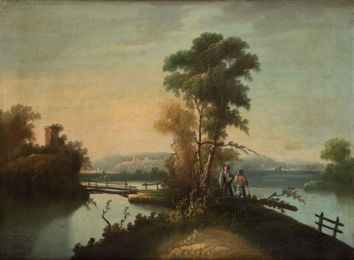 ANÓNIMO, "Paisaje con pastores junto a un río", Óleo sobre