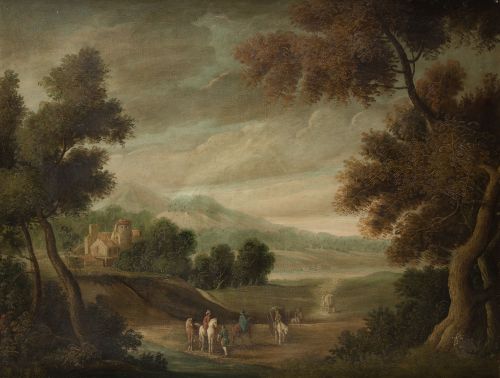 ANONYMOUS (19th century) "Landscape with figures on horseba