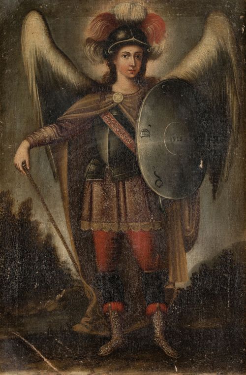 ESCUELA  VIRREINAL, "San Miguel arcángel", Óleo sobre lienz