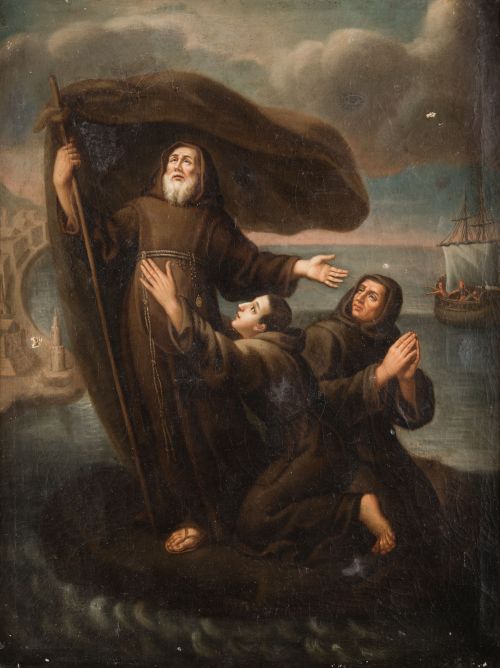 ESCUELA ESPAÑOLA, "San Francisco de Paula cruzando el estre