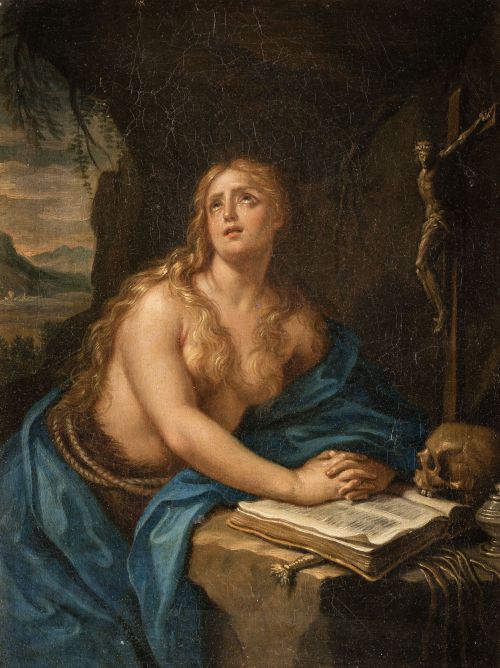 ESCUELA ITALIANA, "Magdalena penitente", Óleo sobre lienzo