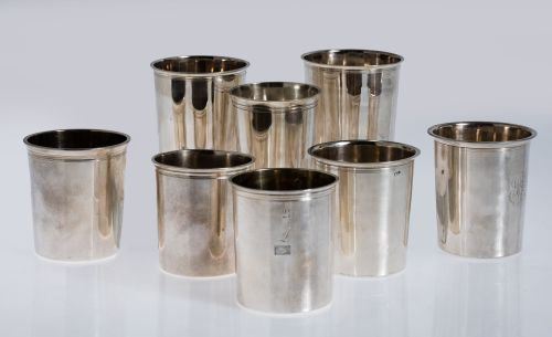 Collection of eight silver vessels, coloured on the outside