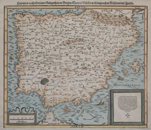 SEBASTIAN MUNSTER, "Mapa de España y Portugal", Grabado xil