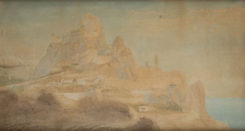 CHARLES VACHER, "Paisaje con peñón", Acuarela y grafito sob