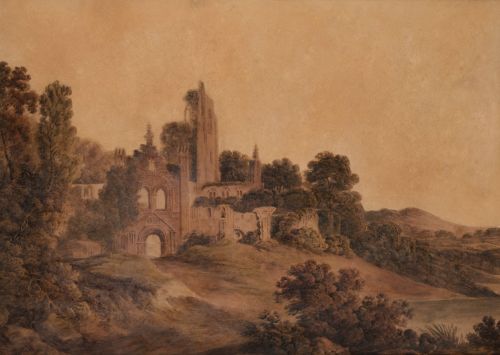 ANÓNIMO, "Ruinas clásicas en paisaje", Acuarela sobre papel