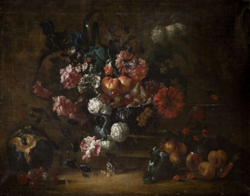 ESCUELA ITALIANA, "Bodegón de flores y frutas", Óleo sobre