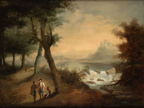 ESCUELA SEVILLANA , "Personajes con rebaños de ovejas en pa