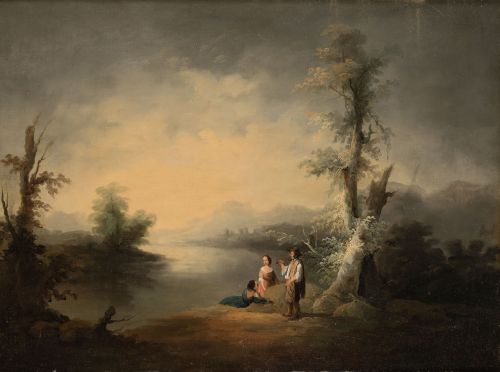 ESCUELA SEVILLANA , "Escenas familiares en paisajes", Óleos