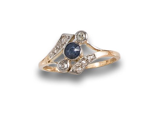 SORTIJA ANTIGUA DE DIAMANTES Y ZAFIRO, EN ORO Y PLATINO