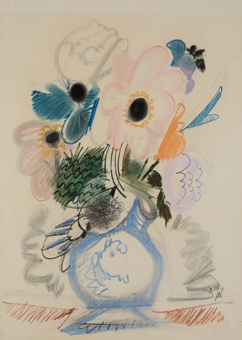 ÁLVARO DELGADO, "Jarrón con flores", Cera y lapiz sobre pap
