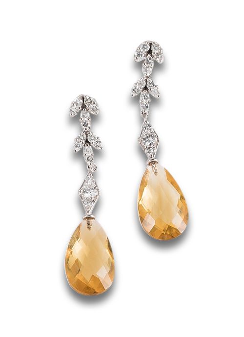 PENDIENTES EN ORO BLANCO CON DIAMANTES Y CITRINOS